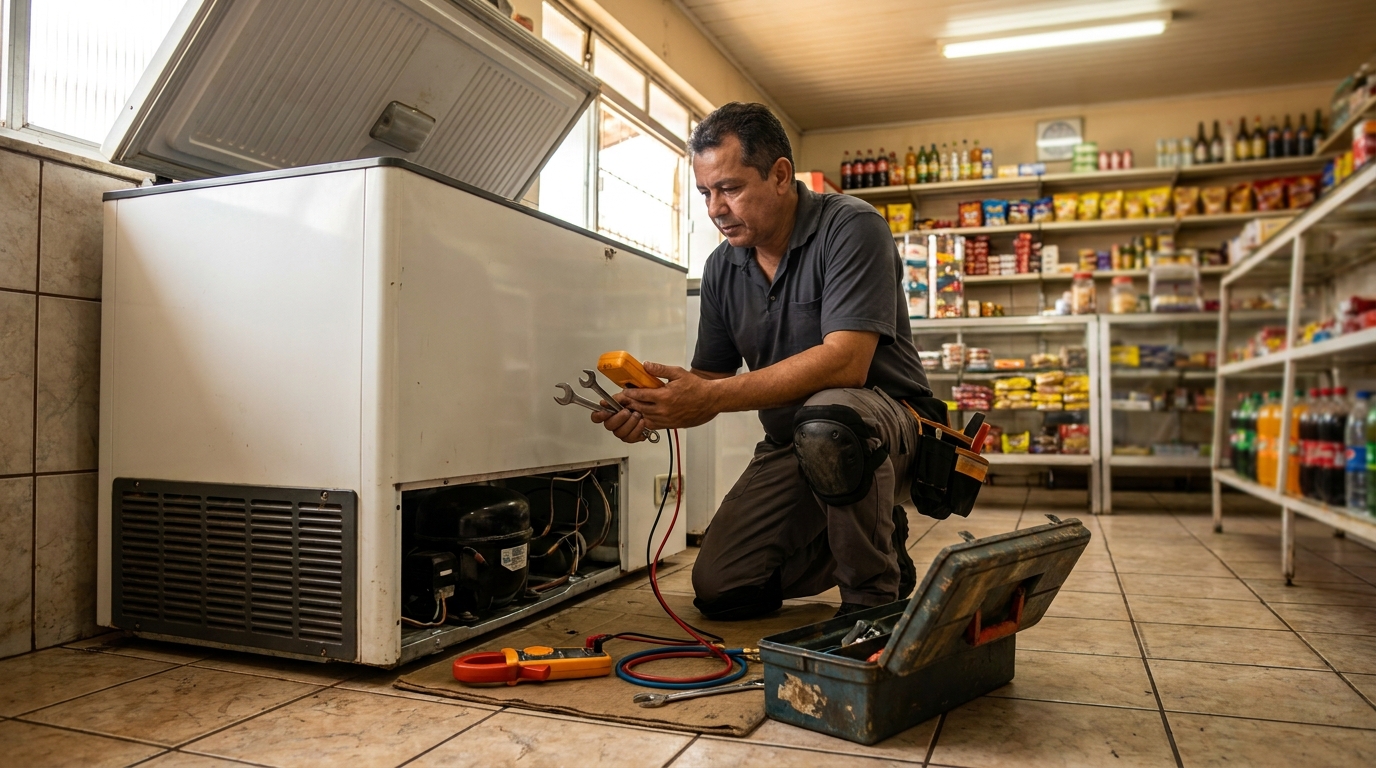 Técnico reparando o motor de um freezer horizontal em Cabo Frio‑RJ