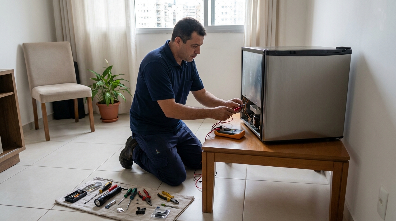 Técnico revisando o motor de um frigobar em Cabo Frio‑RJ