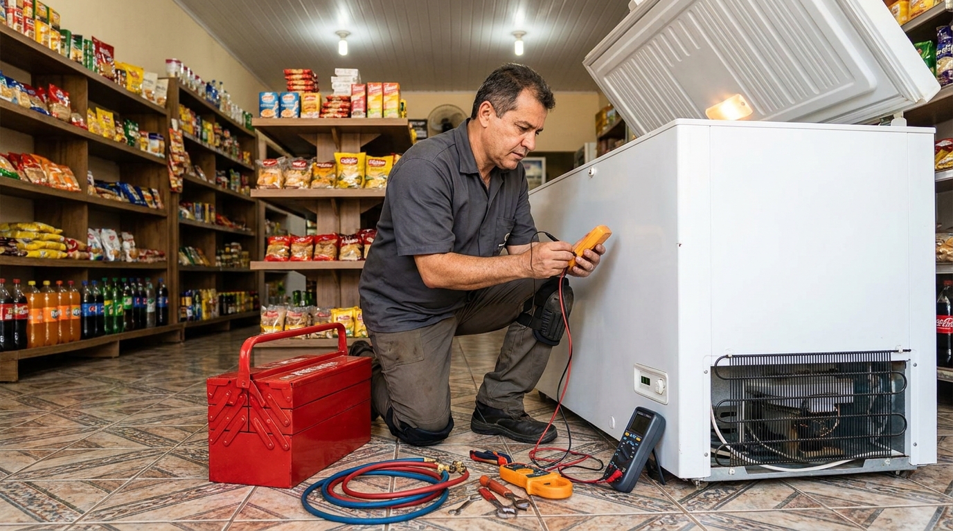 Manômetro conectado ao circuito durante recarga de gás de freezer em Cabo Frio‑RJ