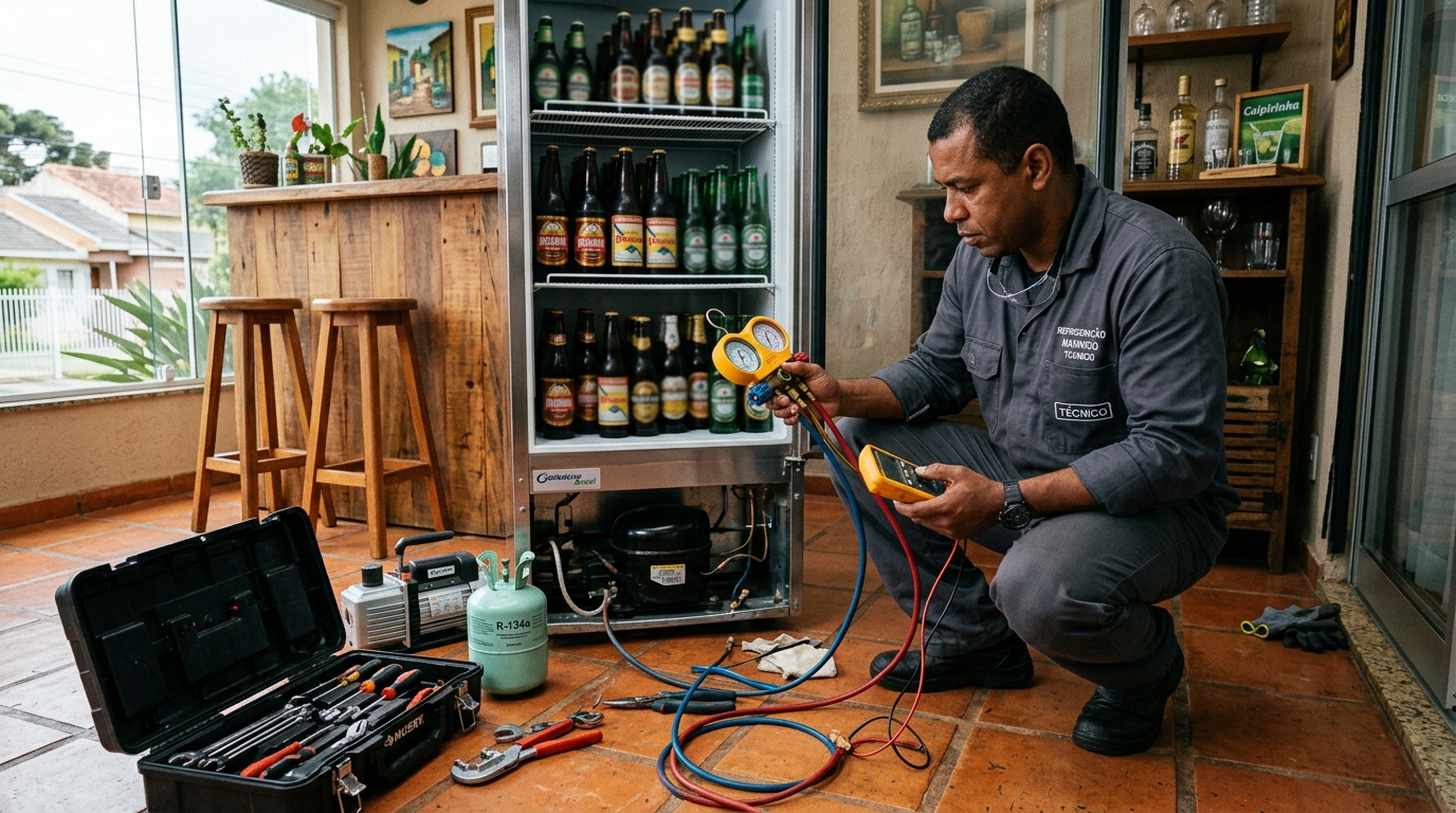 Técnico conferindo a temperatura de uma cervejeira durante atendimento em Cabo Frio‑RJ